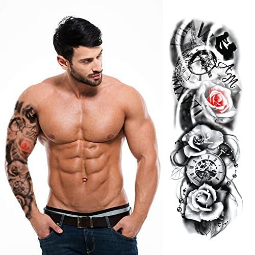 S.A.V.I Full Arm Tattoo, Full Sleeve Arm Tattoo For Men, Ancient Clock Rose Flower Tattoo For Girls Women, Temporary Tattoo Sticker, Size 48x17CM - Image 2
