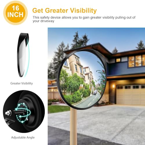 Angooni 16" Convex Driveway Mirror, Upgrade Wide Angle View, Adjustable Blind Spot Mirror, Traffic Mirrors, Security Mirrors Indoor and Outdoor, Parabolic Safety Mirrors - Image 4