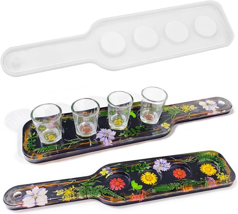 ResinWorld Shot Glass Serving Tray Mold, Shot Glass Holder Mold for Resin, 4 Holes Shot Gl Tray Resin Mold, for Party Home Decor - Image 1