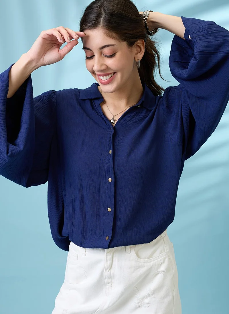 globus Globus Women Navy Blue Self Design Collared Neck Cuffed Sleeves Workwear Shirt