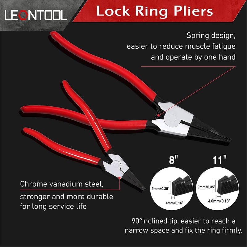 LEONTOOL 2 PCS Heavy Duty Lock Ring Pliers Set Flat Snap Ring Plier Special Circlip Pliers Reverse Retaining Ring Plier for Transmission Transfer Cases Ring Opening - Image 2
