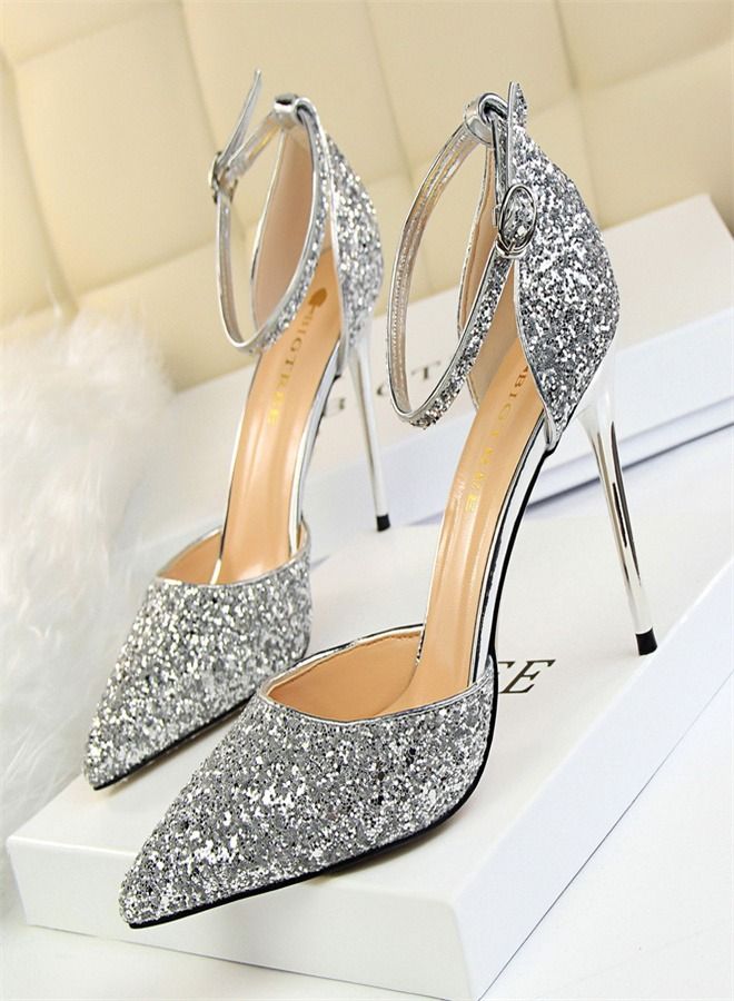 BIGTREE Shallow Pointed Metal High-Heeled Sandals 9.5CM Silver 