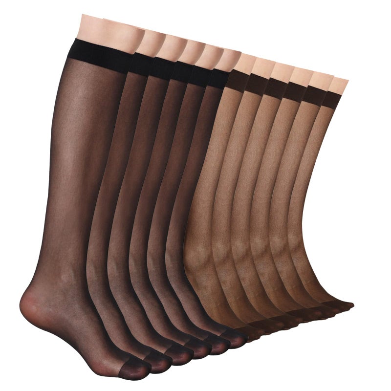 ZIHUA 12 Pairs Knee High Stockings for Women, 20 Denier Sheer Nylon Socks for Women(6Black6Brown,One Size) - Image 1