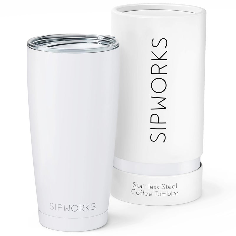 Sipworks Stainless Steel Coffee Tumblers with Lids 20z Double Walled Vacuum Insulated for Hot Cold Drinks Spill Resistant Travel Tumbler Arctic White
