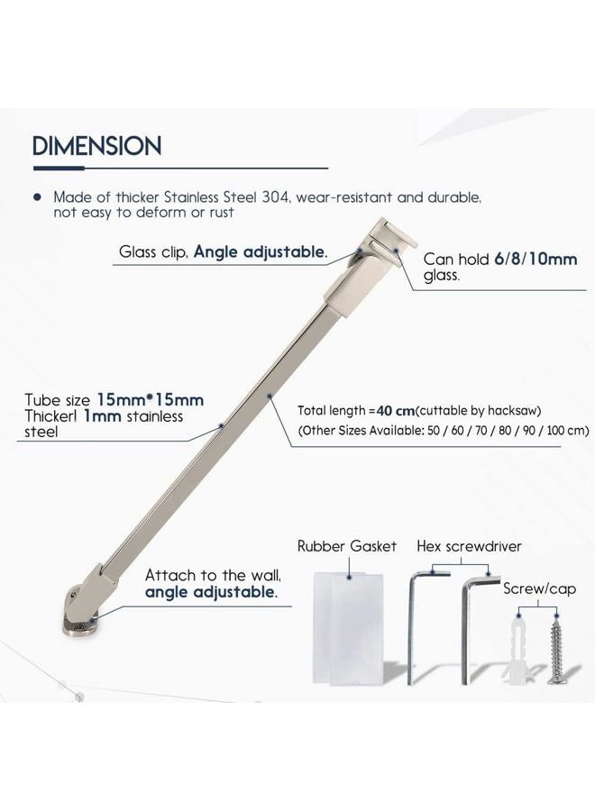 M home 40cm / 15.7 Stainless Steel Frameless Shower Door Fixed Panel Wall-to-Glass Support Bar for 1/4 to 3/8 Thick Glass by (400mm, Chrome) - Image 2