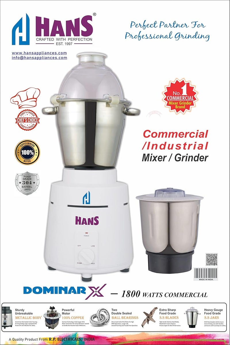 HANS Dominar X 1800 Watts 2.5 HP Commercial Mixer Grinder With 2 Jar Heavy Duty Color White - Image 4