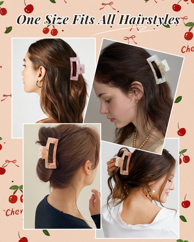Mesovor 3 Pack Bow Cherry Printed Hair Claw Clips, Non-slip 3.54" Medium Square Hair Grip Clawclips | Acrylic Strong Hold Banana Clips (Cherry: Pink, White, Yellow) - Image 5