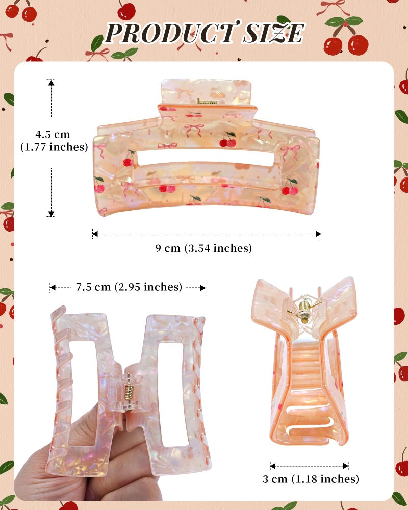 Mesovor 3 Pack Bow Cherry Printed Hair Claw Clips, Non-slip 3.54" Medium Square Hair Grip Clawclips | Acrylic Strong Hold Banana Clips (Cherry: Pink, White, Yellow) - Image 2