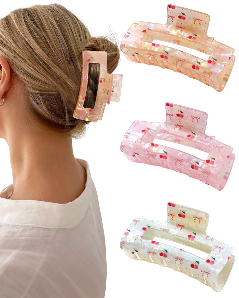 Mesovor 3 Pack Bow Cherry Printed Hair Claw Clips, Non-slip 3.54" Medium Square Hair Grip Clawclips | Acrylic Strong Hold Banana Clips (Cherry: Pink, White, Yellow) - Image 1