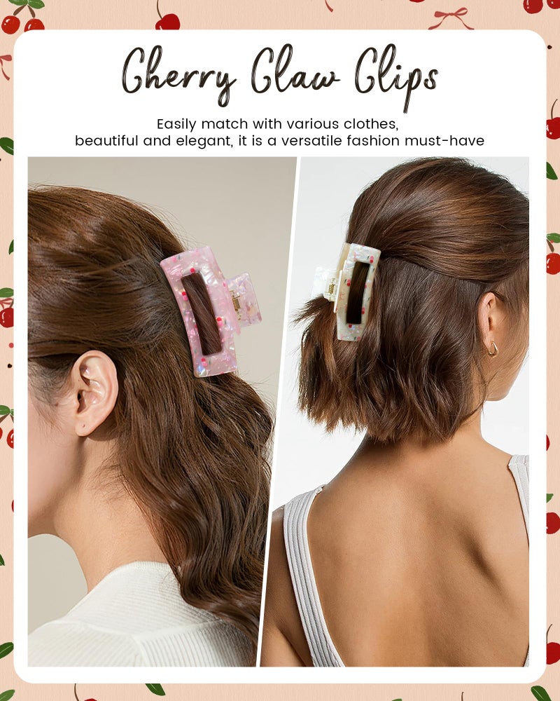 Mesovor 3 Pack Bow Cherry Printed Hair Claw Clips, Non-slip 3.54" Medium Square Hair Grip Clawclips | Acrylic Strong Hold Banana Clips (Cherry: Pink, White, Yellow) - Image 4