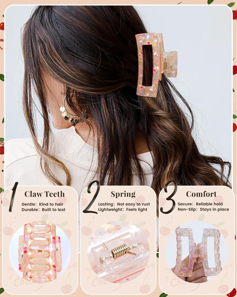 Mesovor 3 Pack Bow Cherry Printed Hair Claw Clips, Non-slip 3.54" Medium Square Hair Grip Clawclips | Acrylic Strong Hold Banana Clips (Cherry: Pink, White, Yellow) - Image 3