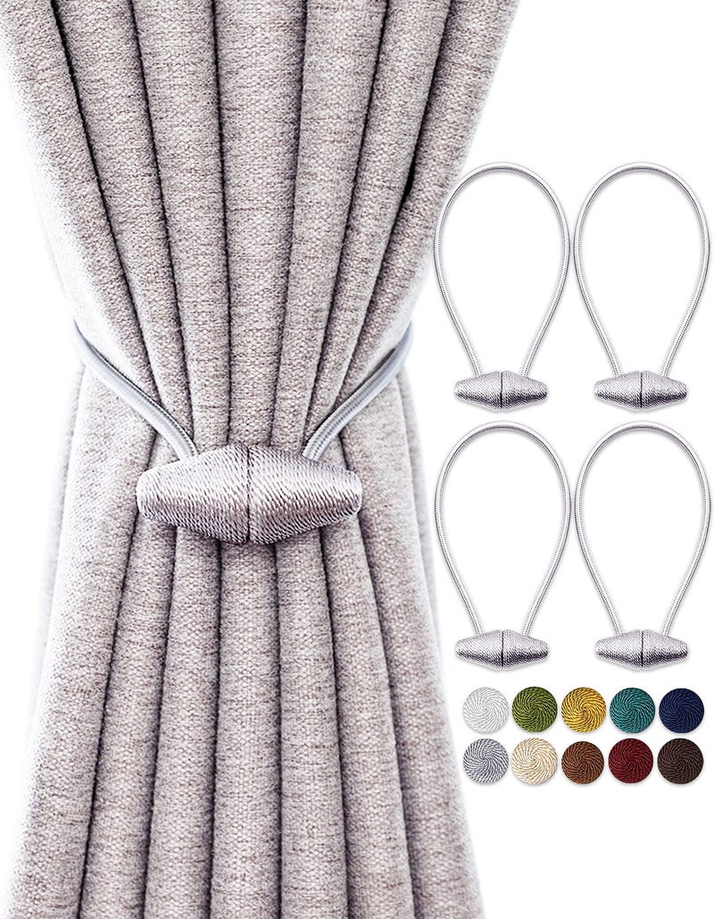 TECVINCI Magnetic Curtain Tiebacks with Upgrade Larger Magnet 4 Pack 16 Inch Drapery Holdbacks for Indoor  Outdoor Curtain  Silver Grey