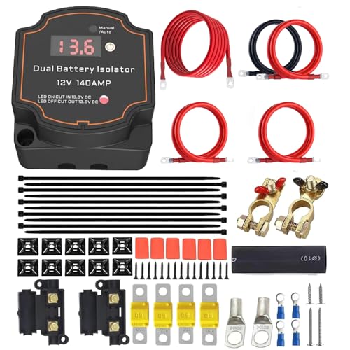 AULESSE 6m Dual Battery Isolator Kit 140Amp Battery Isolator 12V Kit Split Charge Relay Kit Manual/Auto Modes VSR Voltage Sensitive Relay with LED Screen Voltage Display for Truck RV ATV UTV SUV Boat - Image 1