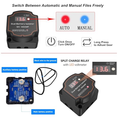 AULESSE 6m Dual Battery Isolator Kit 140Amp Battery Isolator 12V Kit Split Charge Relay Kit Manual/Auto Modes VSR Voltage Sensitive Relay with LED Screen Voltage Display for Truck RV ATV UTV SUV Boat - Image 5