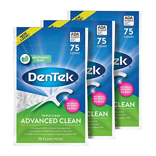 DenTek Triple Clean Advanced Clean Floss Picks, No Break & No Shred Floss, 75 Count, 3 Pack - Image 1