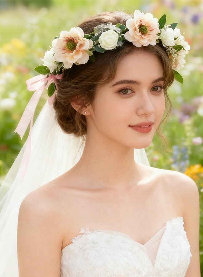 Bridal Halo Headband with Adjustable Ribbon (Ivory) - Image 4