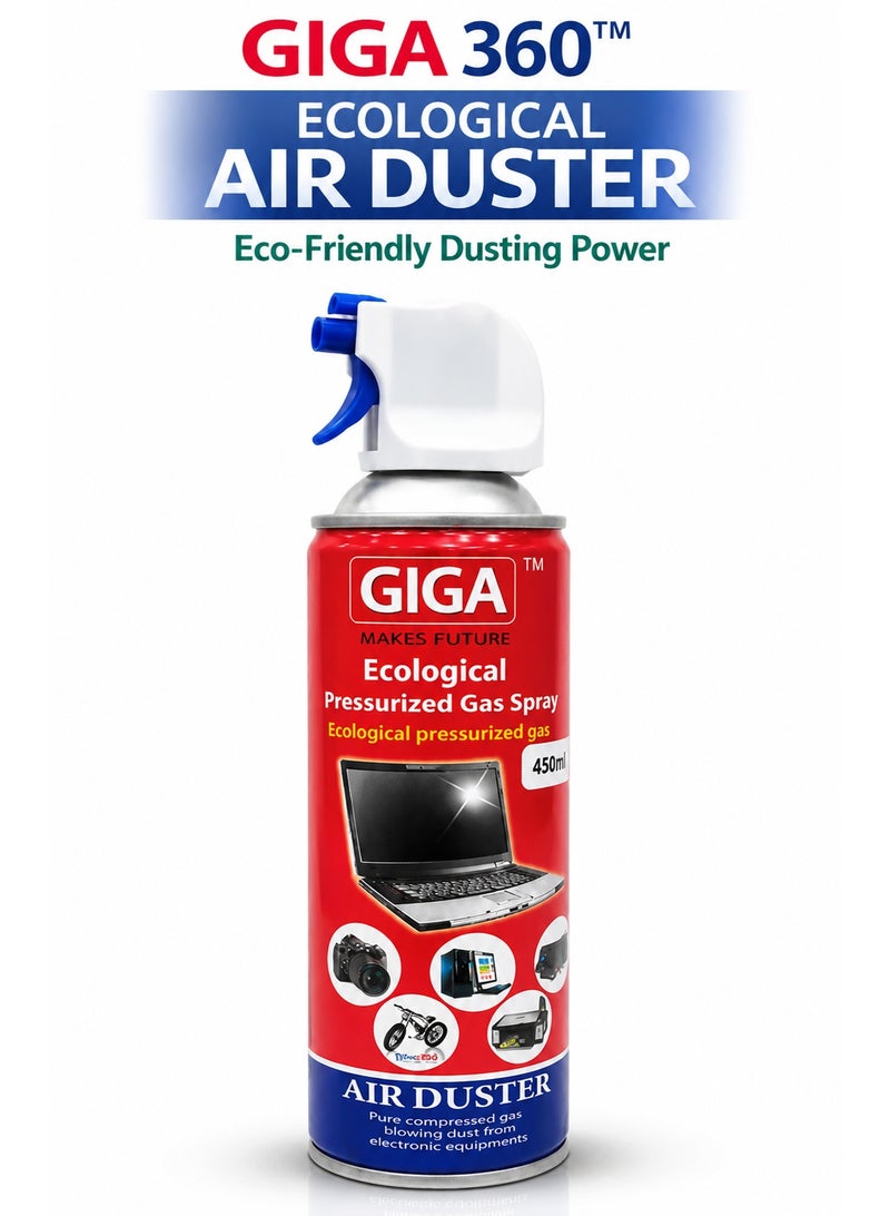 GIGA 360 Ecological Air Duster 450ml Compressed Gas Spray with Straw | Keyboard, Laptop & Electronics Cleaner | Dust Remover for Cameras, PCs & Office Devices - Image 1