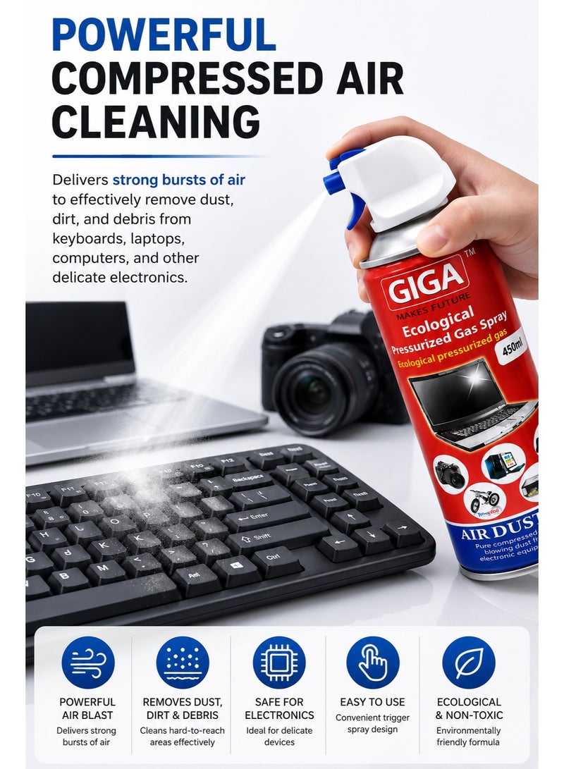 GIGA 360 Ecological Air Duster 450ml Compressed Gas Spray with Straw | Keyboard, Laptop & Electronics Cleaner | Dust Remover for Cameras, PCs & Office Devices - Image 4