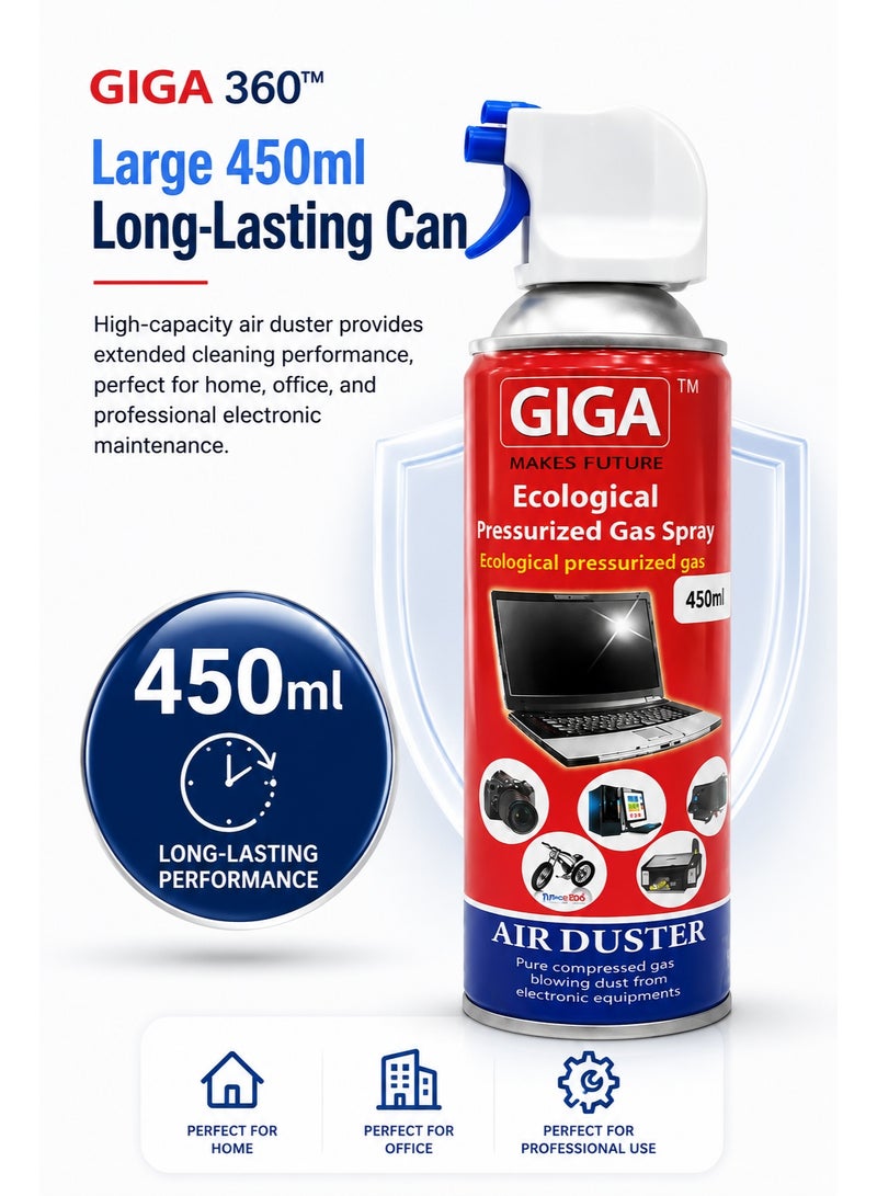 GIGA 360 Ecological Air Duster 450ml Compressed Gas Spray with Straw | Keyboard, Laptop & Electronics Cleaner | Dust Remover for Cameras, PCs & Office Devices - Image 3