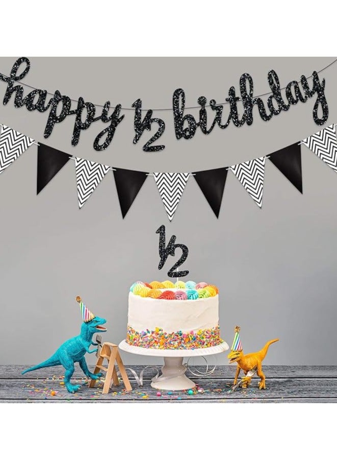 3 Pcs Half Birthday Decorations Set Include 6 Months Happy 1/2 Birthday Banner, Glitter 1/2 Half Year Cake Topper, Triangle Flag Banner for Baby Shower Party Photoshoot Props, Pre-strung(Black) - Image 2