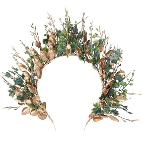 MOSTORY Handmade Woodland Halo Crown - Forest Headband Flower Hairband Goddess Floral Crown for Women Girls Cosplay Party Renaissance Mardi Gras Carnival Wedding Photo Shoot Gold Green - Image 1