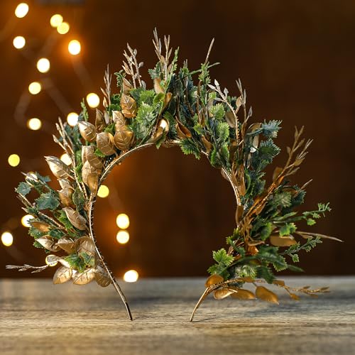 MOSTORY Handmade Woodland Halo Crown - Forest Headband Flower Hairband Goddess Floral Crown for Women Girls Cosplay Party Renaissance Mardi Gras Carnival Wedding Photo Shoot Gold Green - Image 5