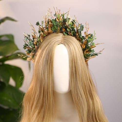 MOSTORY Handmade Woodland Halo Crown - Forest Headband Flower Hairband Goddess Floral Crown for Women Girls Cosplay Party Renaissance Mardi Gras Carnival Wedding Photo Shoot Gold Green - Image 4