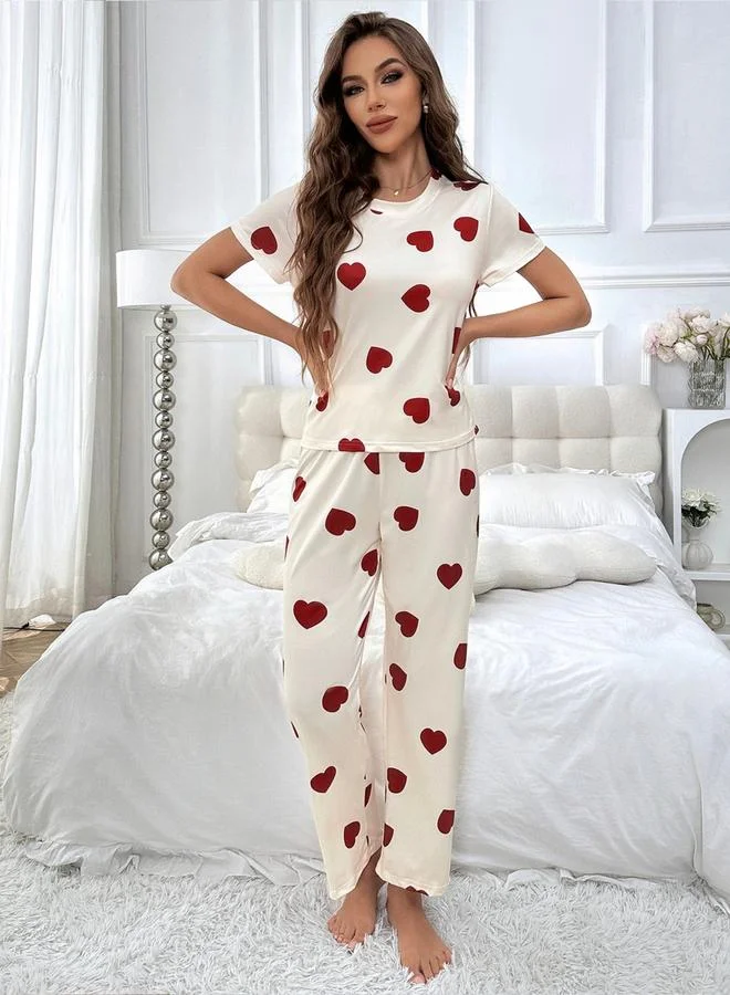 Take Two Cream Heart Print T-Shirt and Pyjama Set