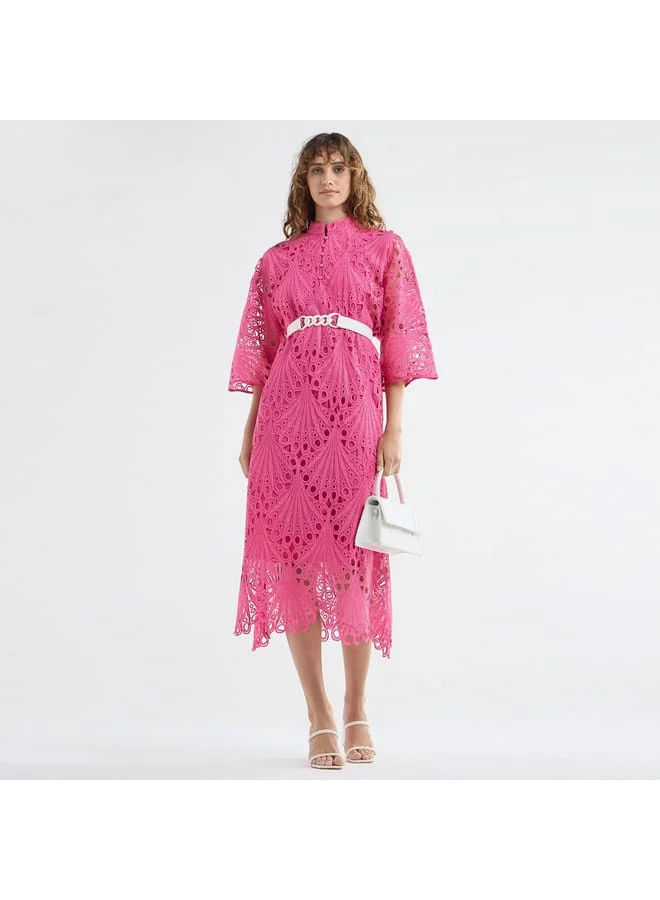 Splash FAV Lace Detail A-Line Dress with High Neck and Short Sleeves