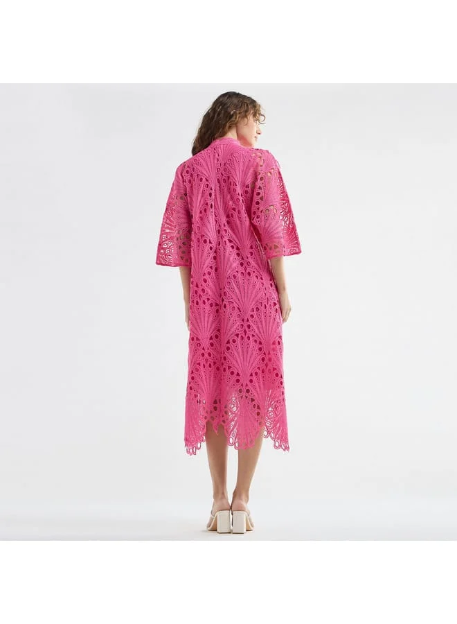 Splash FAV Lace Detail A-Line Dress with High Neck and Short Sleeves