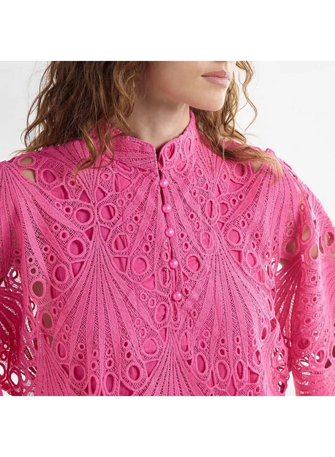 Splash FAV Lace Detail A-Line Dress with High Neck and Short Sleeves