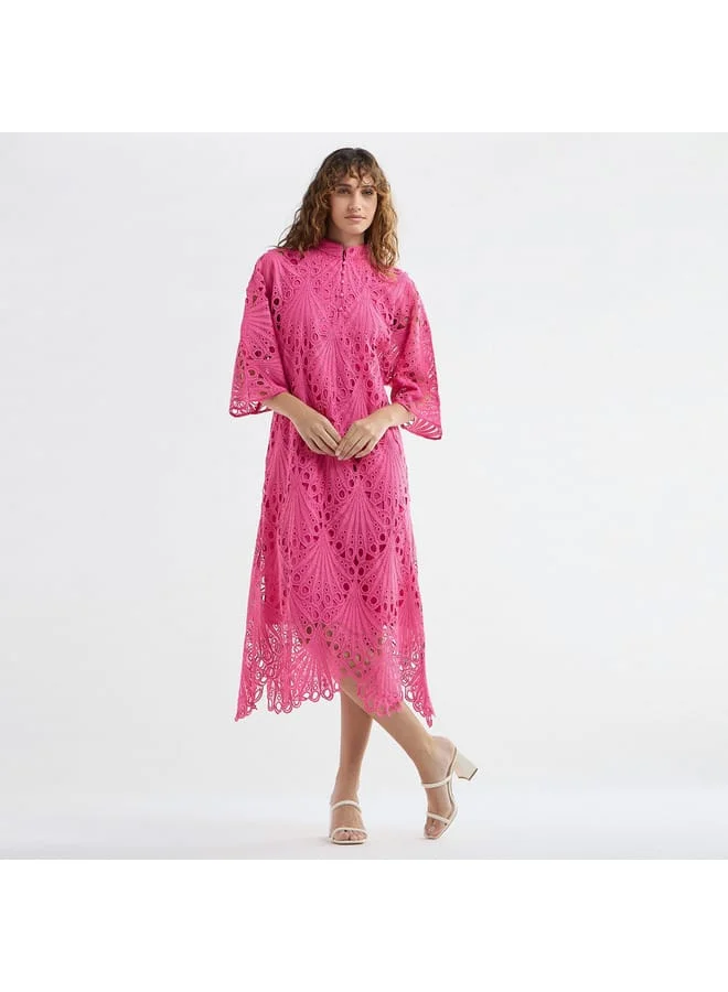 Splash FAV Lace Detail A-Line Dress with High Neck and Short Sleeves