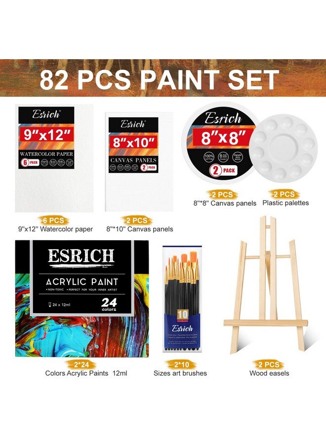 ESRICH 82 Pcs Acrylic Paint Set, 48Colors Acrylic Paint, Painting Supplies Kit With 2 Wood Easel, 20 Brushes, 4 Canvases,Watercolor Paper, Acrylic Paint Kit For Kids, Students, Artists And Beginner - Image 2