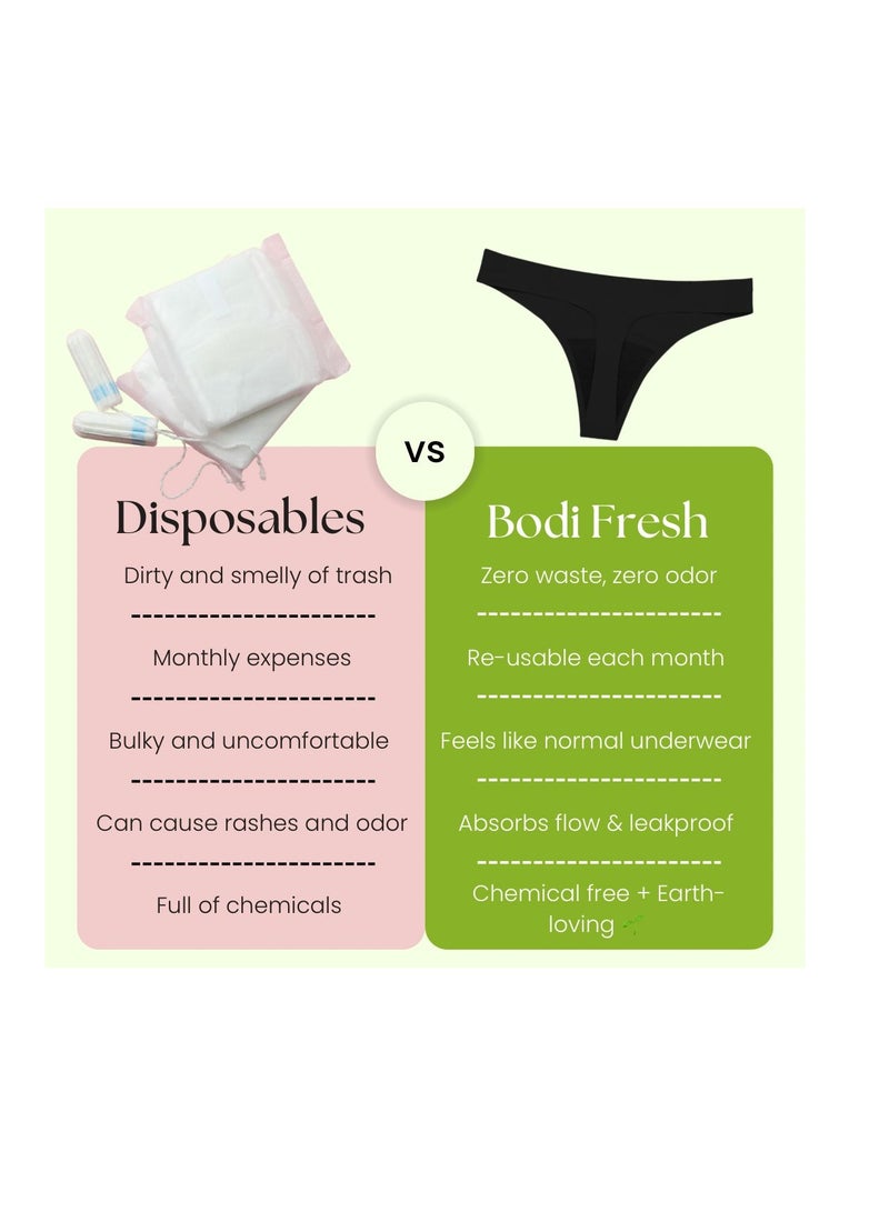 Bodi Fresh Leakproof Thong Underwear, Period & Sweat Protection, Odour Control, Gym Yoga No Camel toe Brief Panties -  Black Pack of 3 - Image 2