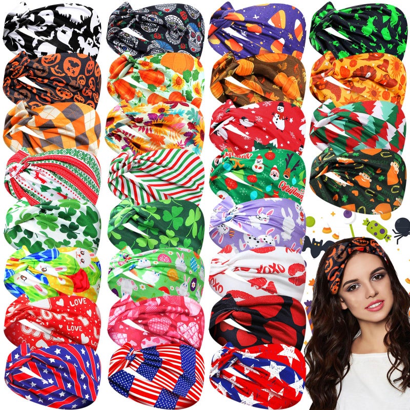 XunYee 28 Pcs Holiday Headbands for Women Fall Head Bands Nurses Thanksgiving Headbands Bulk Nursing Autumn Hair Accessories Stretchy Fall Non Slip Head Wrap Knot Halloween Hair Bands Accessories