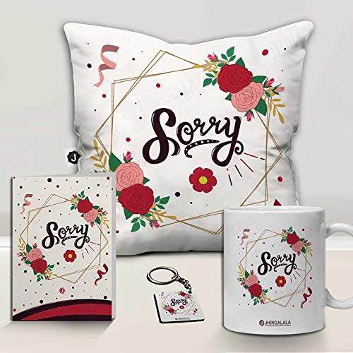 Jhingalala Jhingalala Sorry Printed Cushion Mug Key Chain Greeting Card Combo Gift Pack Sorry Gift Sorry Gift for Girlfriend Sorry Gift for Husband Sorry Gift for Friend Sorry Gift for Boyfriend - Image 1