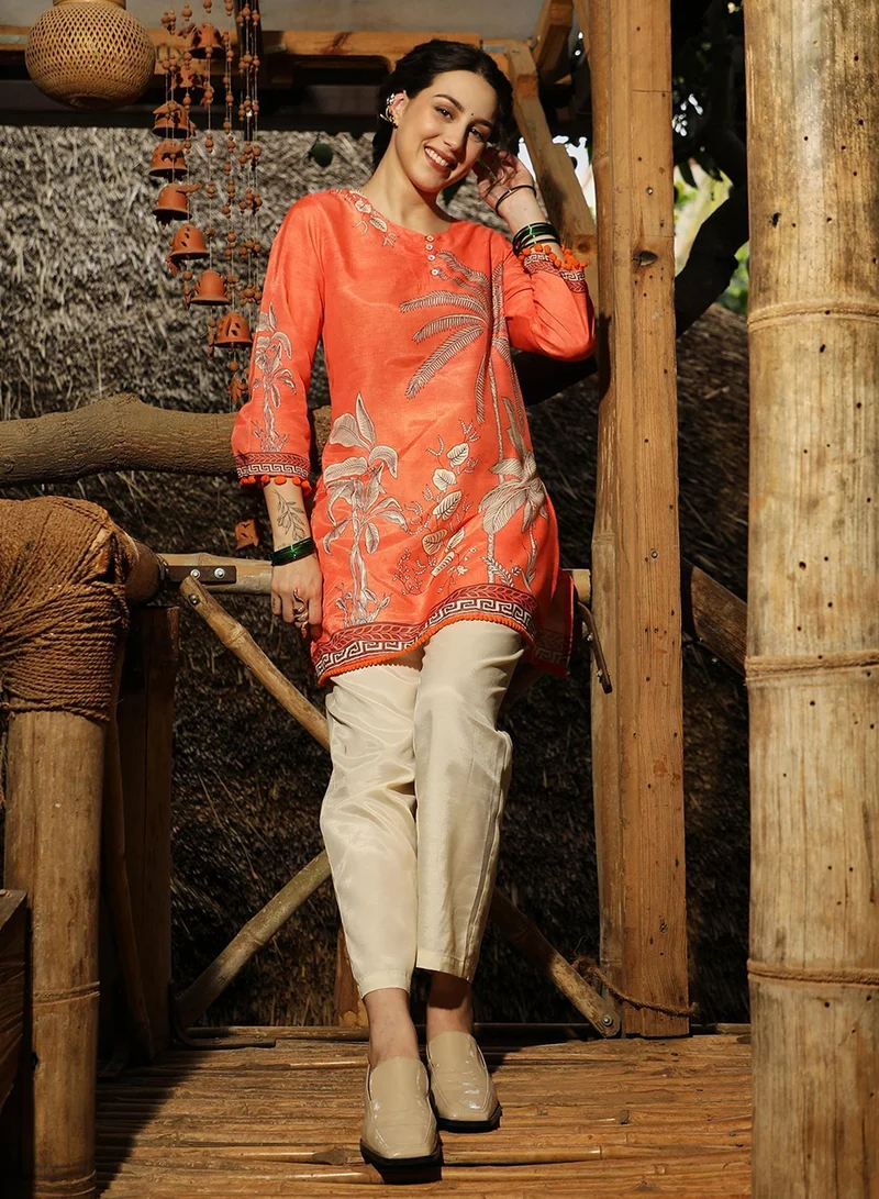  قصة Women's Pumpkin Orange Palm Foliage Kurti With Trousers