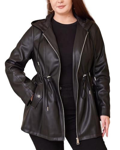 WYOYW Women Faux Leather Jacket Plus Size Hooded Long Coat PU Motorcycle Moto Biker Jacket With Drawstring Black 3X - Image 1