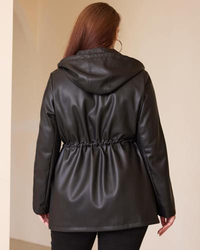 WYOYW Women Faux Leather Jacket Plus Size Hooded Long Coat PU Motorcycle Moto Biker Jacket With Drawstring Black 3X - Image 4