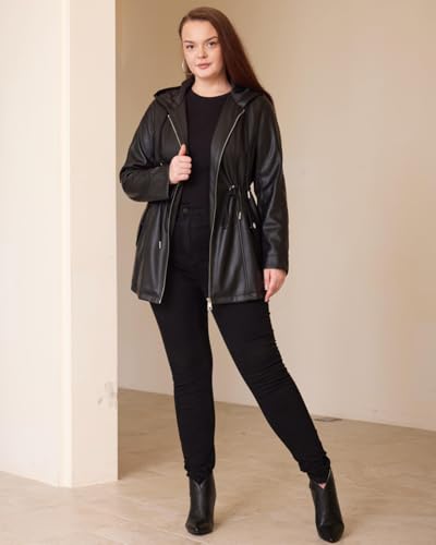 WYOYW Women Faux Leather Jacket Plus Size Hooded Long Coat PU Motorcycle Moto Biker Jacket With Drawstring Black 3X - Image 3
