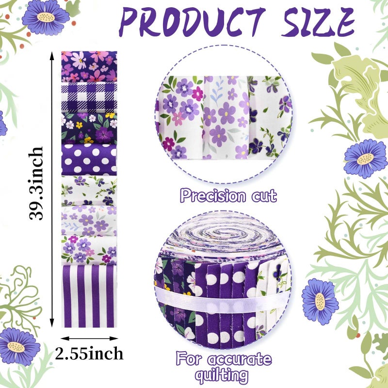 Bolsome 40 Pcs Purple Floral Cotton Jelly Fabric Strips Vintage Purple Flowers Fabric Bundles Strips for Quilting Crafting Precut Patchwork for Summer Holidays for Gift Sewing DIY Crafts - Image 2
