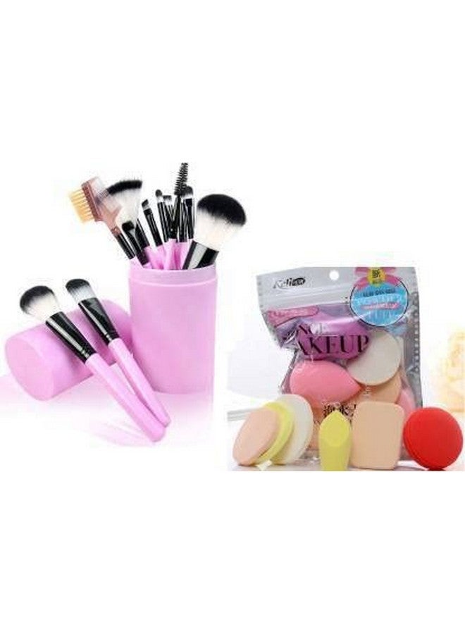 SUNISA Soft Synthetic Bristles Pink Makeup Brushes Set Of 12 With Storage Case And 6In1 Makeup Sponges Pack - (Pack Of 19) - Image 1