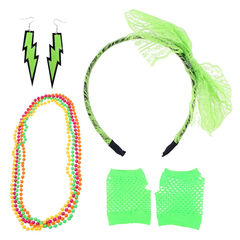 2pcs 80's Lace Headband Neon Earrings Fingerless Fishnet Gloves Necklace for 80's Party (Light Green Series) - Image 2
