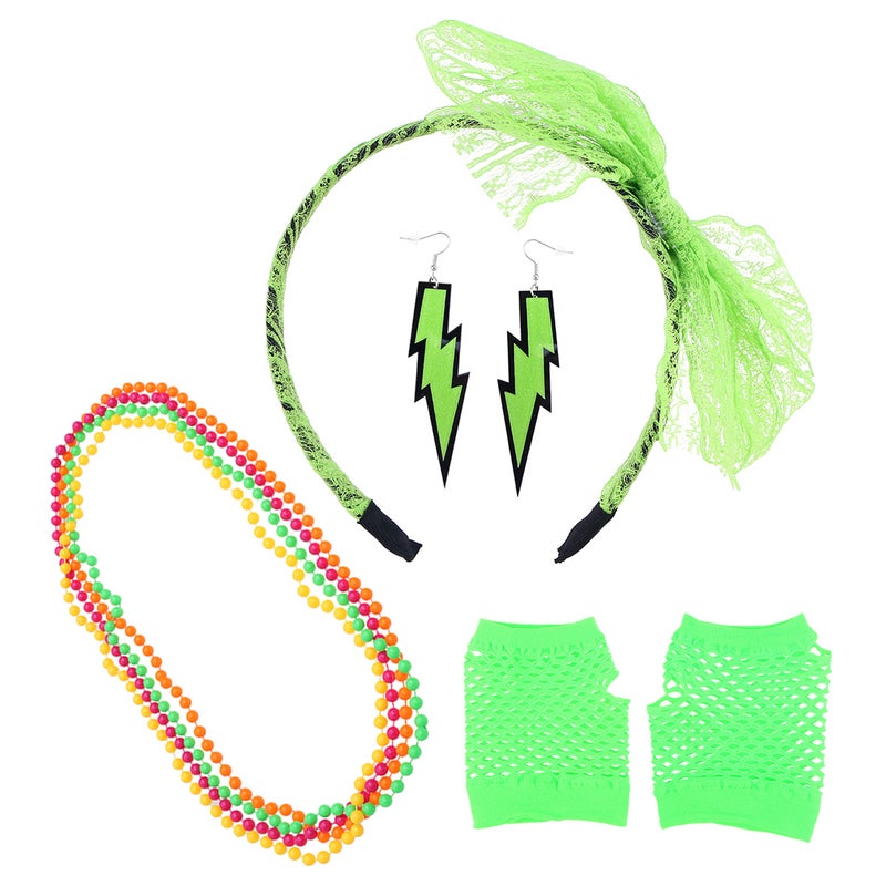 2pcs 80's Lace Headband Neon Earrings Fingerless Fishnet Gloves Necklace for 80's Party (Light Green Series) - Image 1