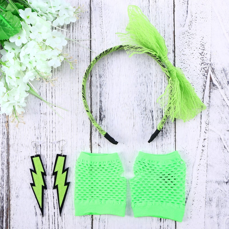 2pcs 80's Lace Headband Neon Earrings Fingerless Fishnet Gloves Necklace for 80's Party (Light Green Series) - Image 4