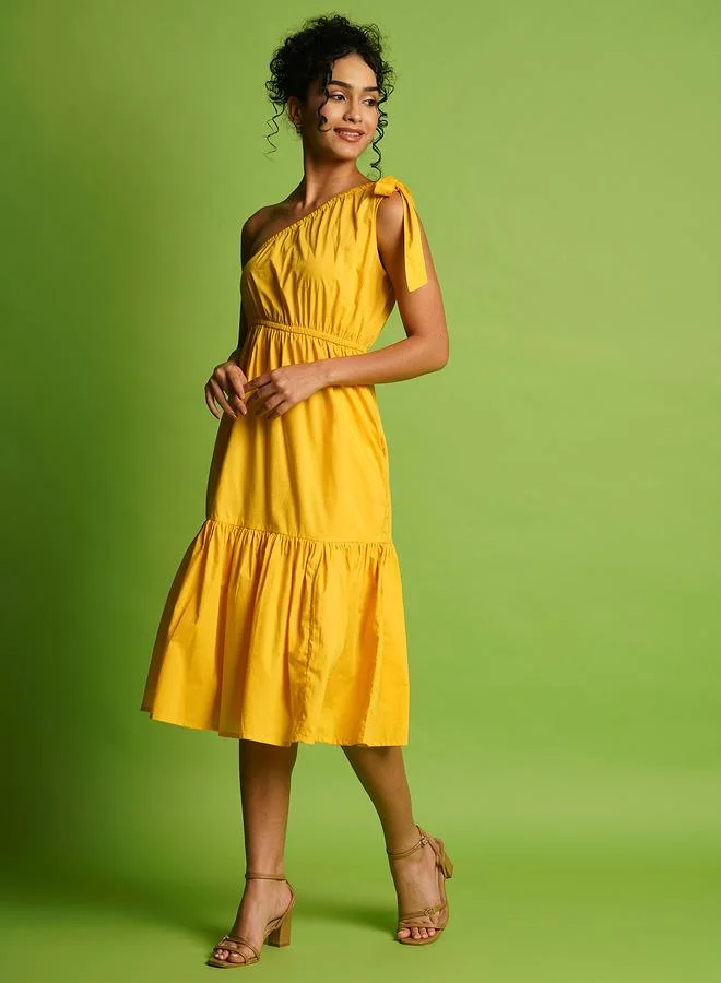 globus Globus Women Yellow Solid One Shoulder Tie-Up A-Line Midi Dress