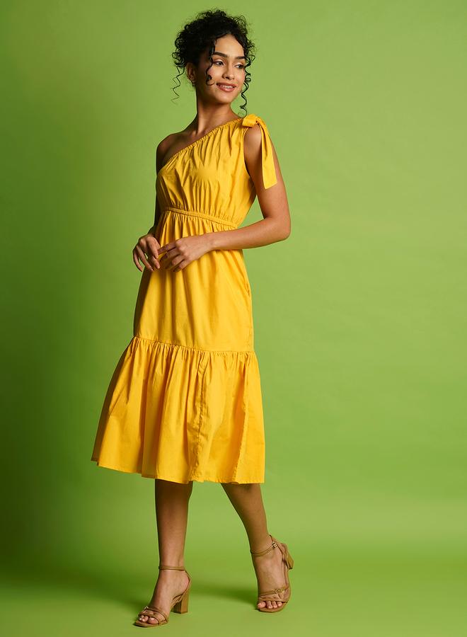 Globus Women Yellow Solid One Shoulder Tie-Up A-Line Midi Dress - Image 2