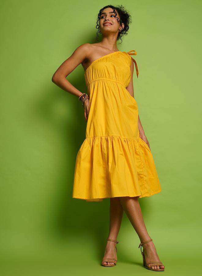 Globus Women Yellow Solid One Shoulder Tie-Up A-Line Midi Dress - Image 1
