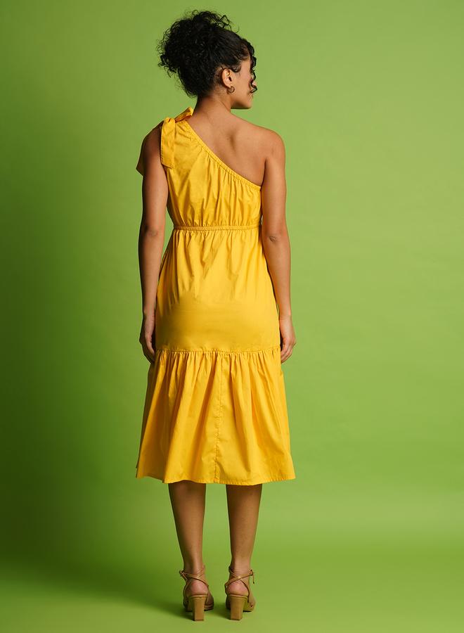 Globus Women Yellow Solid One Shoulder Tie-Up A-Line Midi Dress - Image 3