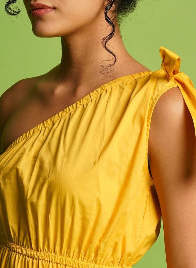 Globus Women Yellow Solid One Shoulder Tie-Up A-Line Midi Dress - Image 4